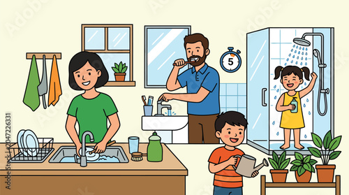 Household water conservation scene showing a family using water-saving taps and taking quick showers to reduce their environmental footprint.