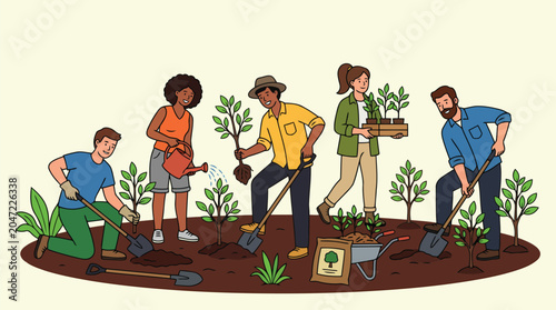 Community members digging and preparing the ground for a new urban gardening project to promote social interaction and green cities.