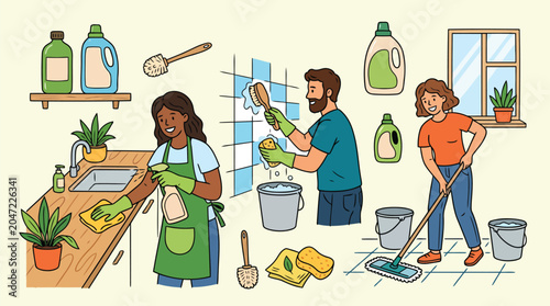 Fotografi Woman cleaning her kitchen with natural homemade cleaning solutions and reusable cloths to maintain a chemical-free and sustainable household