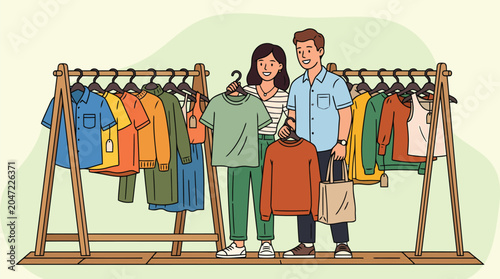 Diverse group of friends showing off their vintage and upcycled clothing at a shared wardrobe promoting sustainable fashion and conscious style.