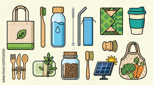 Collection of reusable lifestyle items including a metal water bottle cloth shopping bags and stainless steel straws for plastic-free living.