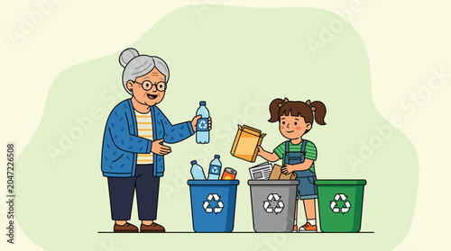 Elderly woman teaching a young girl how to properly sort recyclables into different bins passing on sustainable habits to the next generation.