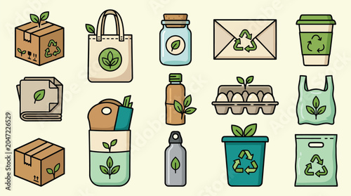 Comprehensive set of eco-friendly icons featuring recycling symbols reusable shopping bags and organic food packaging for sustainable branding.