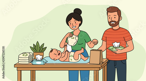 Parents changing their baby's diaper using eco-friendly cloth diapers and organic wipes choosing sustainable and chemical-free nursery products.