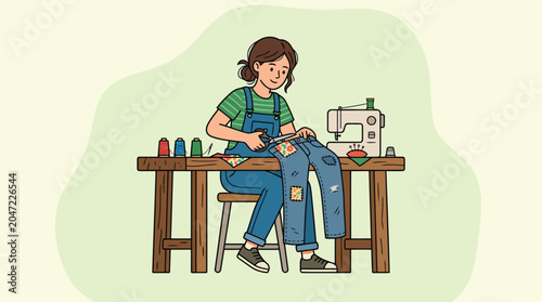Creative individual repairing and sewing old denim clothes at a wooden desk promoting a slow fashion and upcycling culture.
