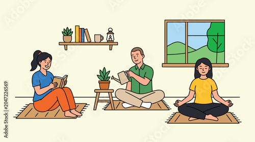 People practicing different wellness activities like reading indoor gardening and yoga in a bright room filled with natural light and green plants.