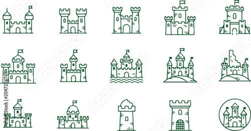 Foto Collection of green outline castle icons on checkered background architectural building symbols