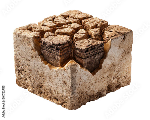 Cracked Earth Cross-Section: A cubic cross-section reveals parched, cracked earth with layers of dry soil, illustrating arid conditions and the impact of drought on the environment.