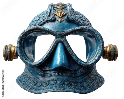 Antique Diving Mask: An ornate and vintage diving mask, featuring a striking blue patina and intricate detailing, evoking a sense of exploration and adventure beneath the waves.