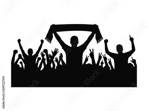 Photos Silhouette of a cheering crowd with raised arms and a fan scarf held high celebr