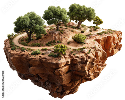 Floating Island Landscape: An surreal floating island with a winding path, lush trees, and rocky terrain defies gravity, offering a unique vista.