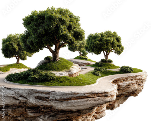 Floating Island Oasis: An enchanting miniature landscape featuring a surreal floating island adorned with lush trees, manicured grass, and winding pathways, creating a sense of wonder and escape.