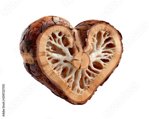 Heart-Shaped Wood Slice with Intricate Grain: A cross-section of a tree trunk, meticulously carved into a heart shape, revealing the intricate patterns of its natural grain and wood texture.