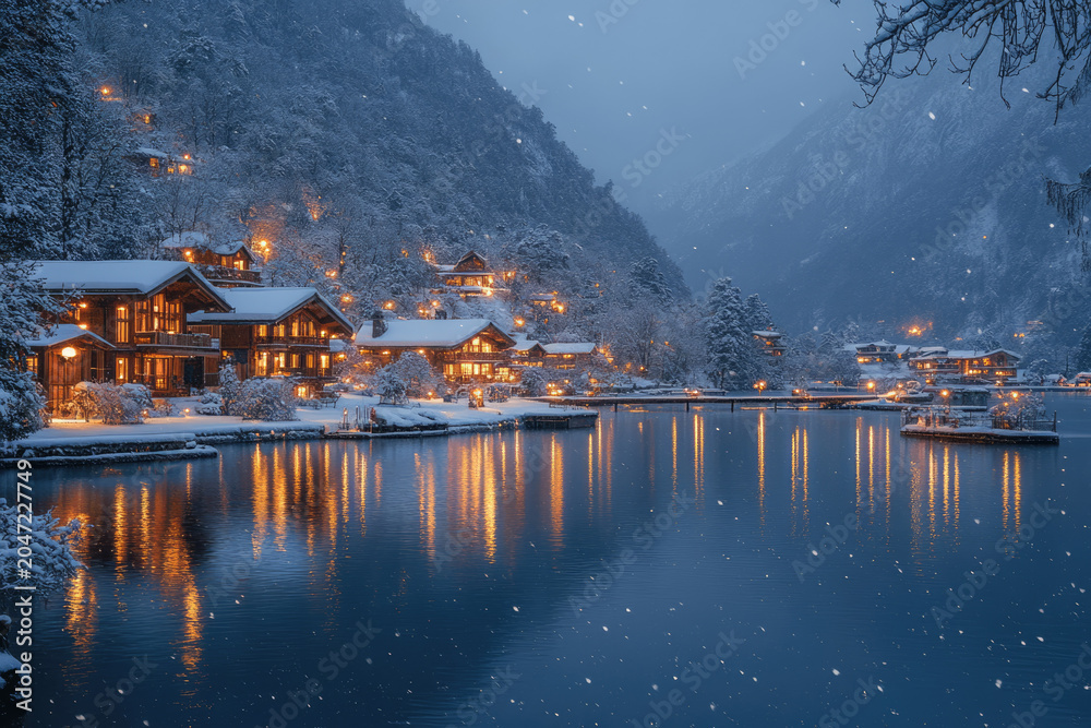 Obraz premium Tranquil Snow-Covered Lake Under a Starry Night Sky Glow