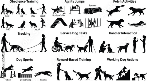 Fotografie Comprehensive dog training silhouette bundle with obedience, agility, sports, se