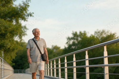 Elderly man walking on bridge