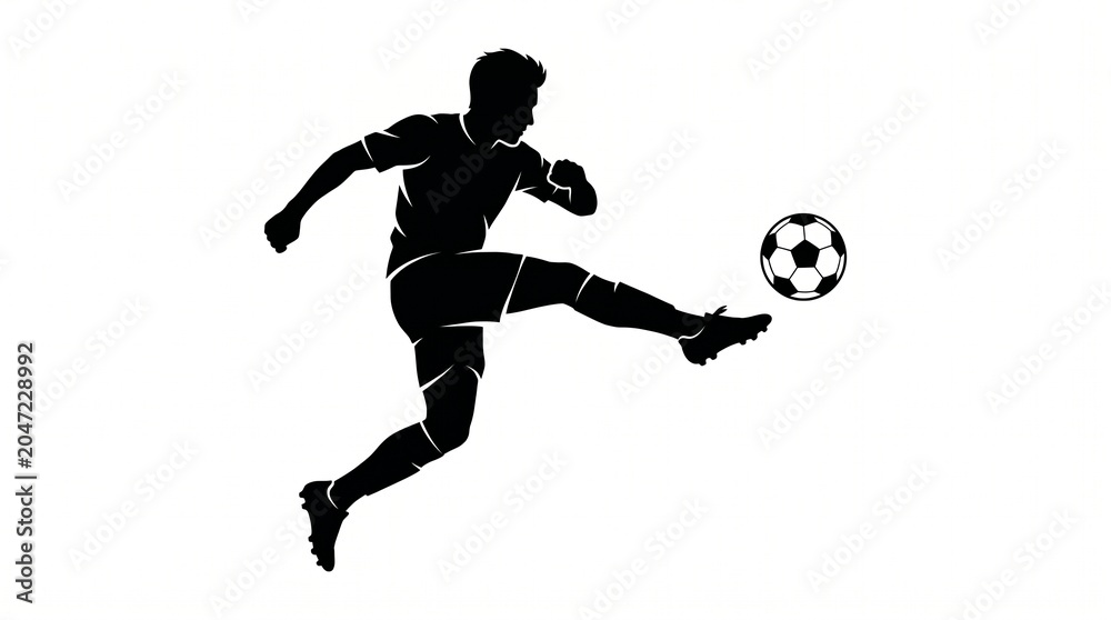 Fototapeta premium Black silhouette of soccer player kicking football ball isolated on white background dynamic movement action pose in graphic vector style for sport 