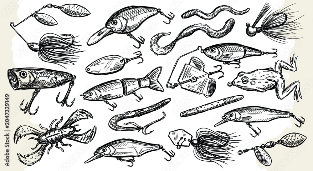 Fototapeta premium Comprehensive collection of various fishing lures and baits, hand-drawn in black ink on a light beige background, showcasing different styles and shapes for angling