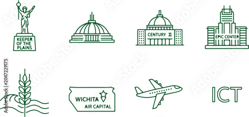 Bilde på lerret Wichita landmarks and icons including keeper of the plains airplane and Epic center