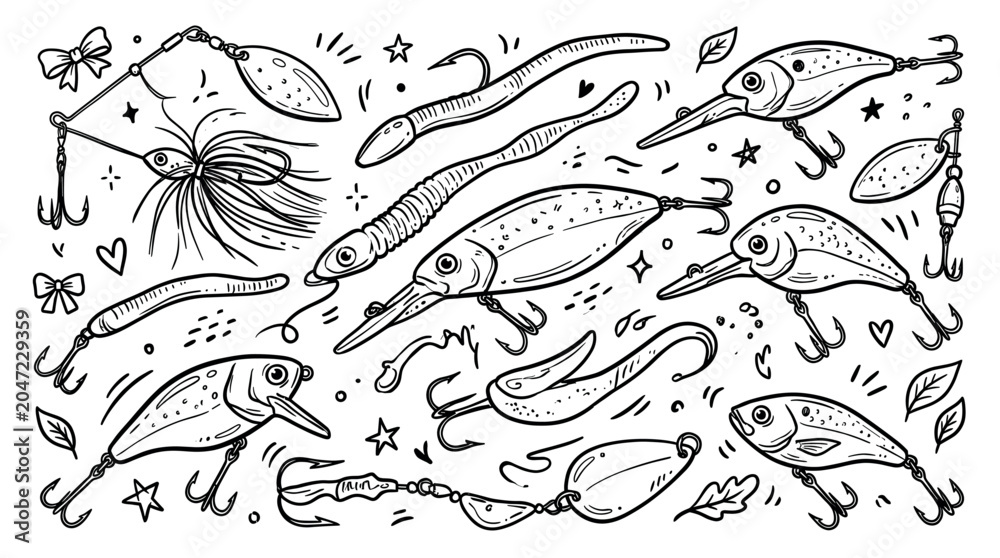 Fototapeta premium Various hand-drawn fishing lures, hooks, and worms are scattered across a white background in a playful doodle style
