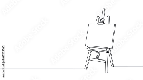 Continuous one line drawing of an empty artist's easel with a blank canvas, isolated on a clean white background