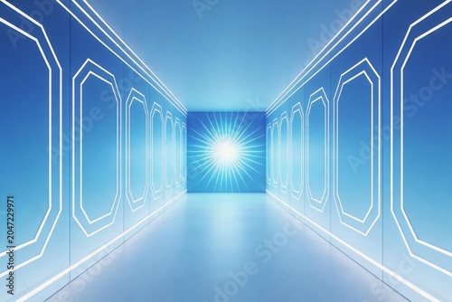 Futuristic blue corridor with glowing light