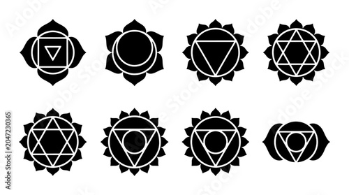 Tableau sur toile Chakra Symbols Set, Sacred Geometry Icons, Spiritual Energy Centers, Yoga Medita
