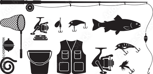 Fishing equipment and gear silhouettes set