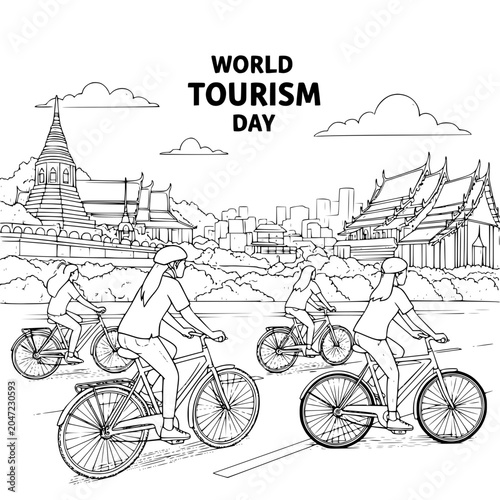 World Tourism Day vector illustration, cycling in Bangkok