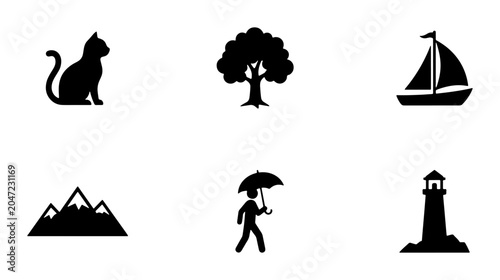 Foto Vector Icons: Cat, Tree, Sailboat, Mountains, Person with Umbrella, Lighthouse C