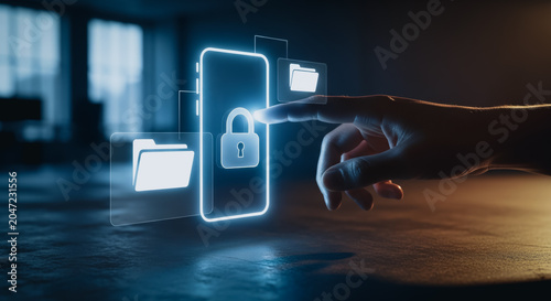 Human hand touching glowing digital mobile security interface representing encrypted data protection and privacy.