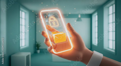 Hand holding a holographic smartphone with lock and folder icons in an office representing mobile data security