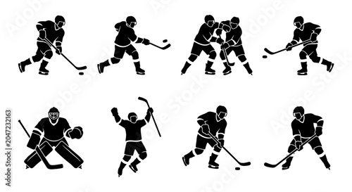 Canvas Print Hockey Player Silhouettes, Ice Hockey Action Poses, Sports Vector Icons Set