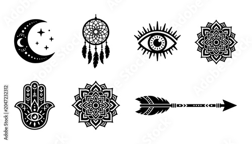 Photos Bohemian Symbols Vector Set: Moon, Dreamcatcher, Evil Eye, Mandala, Hamsa, Arrow