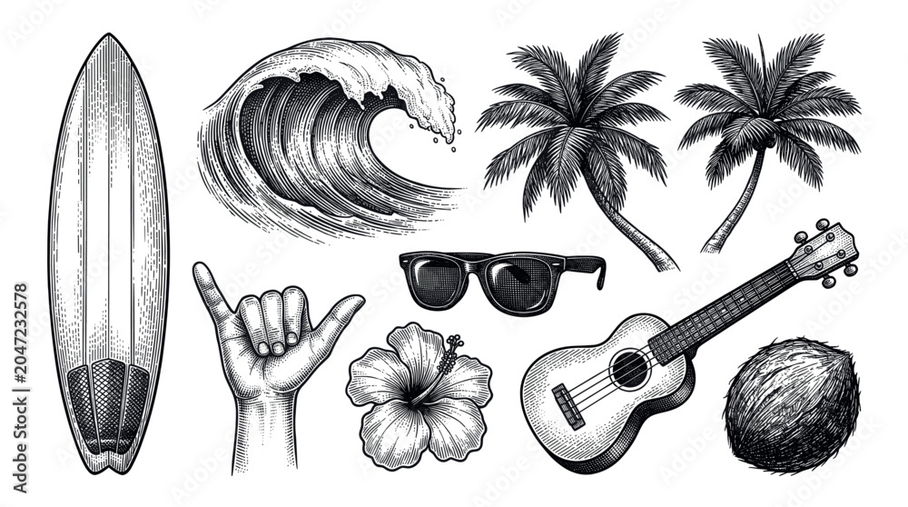 Obraz premium Various hand-drawn black and white summer beach and surf themed objects are arranged on a clean white background