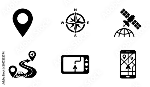 Bild auf Leinwand Navigation and GPS map icon set, 6 black vector elements, location tracking and