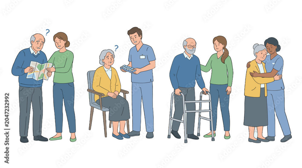 Obraz premium Set of elderly people with caregivers and cognitive challenges