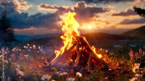 Campfire flames against a sunsetlit meadow with wildflowers, suitable for outdoor, nature, camping, and recreational lifestyle designs.