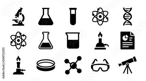 Black science icons set including microscope, beaker, dna, and telescope isolated on transparent background