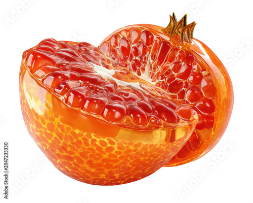 Exquisite Pomegranate Slice: A vibrant, ripe pomegranate, cut in half to reveal its jewel-like arils, glows with an inviting, translucent sheen. Its rich.