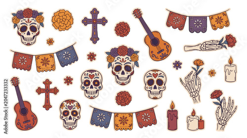Foto Vector set of sugar skulls, flowers, candles and festive elements