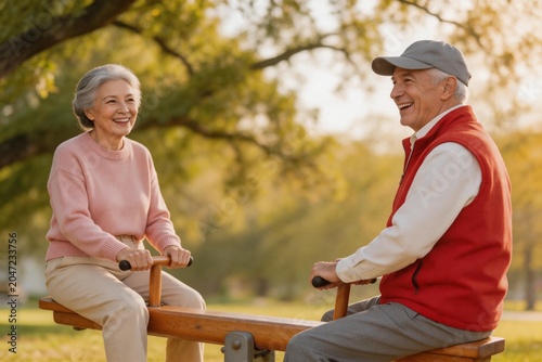 Elderly couple on seesaw in park