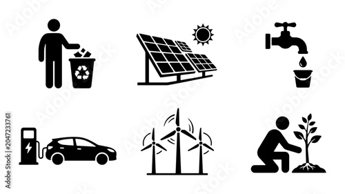 Quadro em tela Eco-Friendly Icons: Renewable Energy, Recycling, Water Conservation, Electric Ca