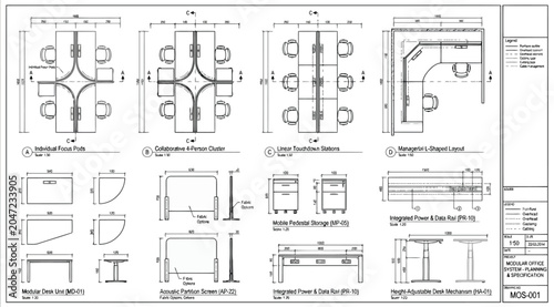 Schilderij op canvas Detailed architectural plans for modular office furniture configurations and wor