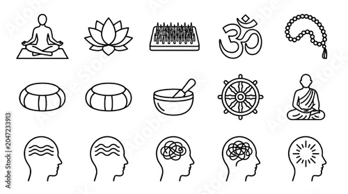 Photos Yoga and meditation outline icon set with spiritual symbols