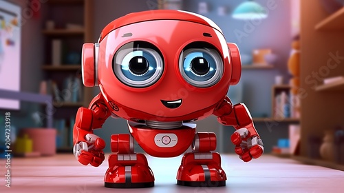 Cute red robot with big blue eyes and friendly smile, cartoon character, toy, isolated on blurred background.
