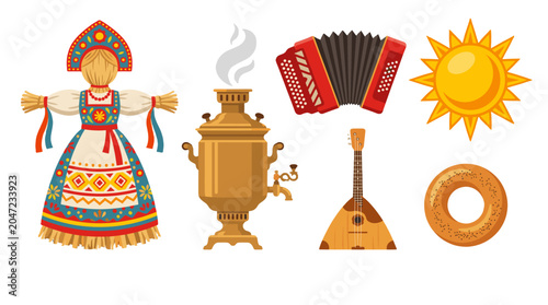 Obraz na plátně Traditional festival elements set with doll samovar sun and music