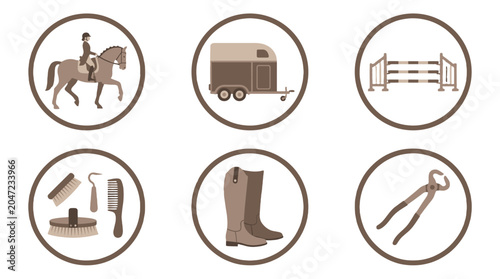 Photos Horse riding equipment icons in brown circular frames