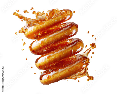 Sausage Splash: A dynamic composition featuring a stack of sizzling sausages caught mid-splash in a rich, savory sauce, creating an appetizing and energetic visual.