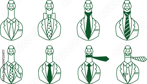 Obraz na plátně Collection of eight formal wear goose icons in green line art style on transparent background